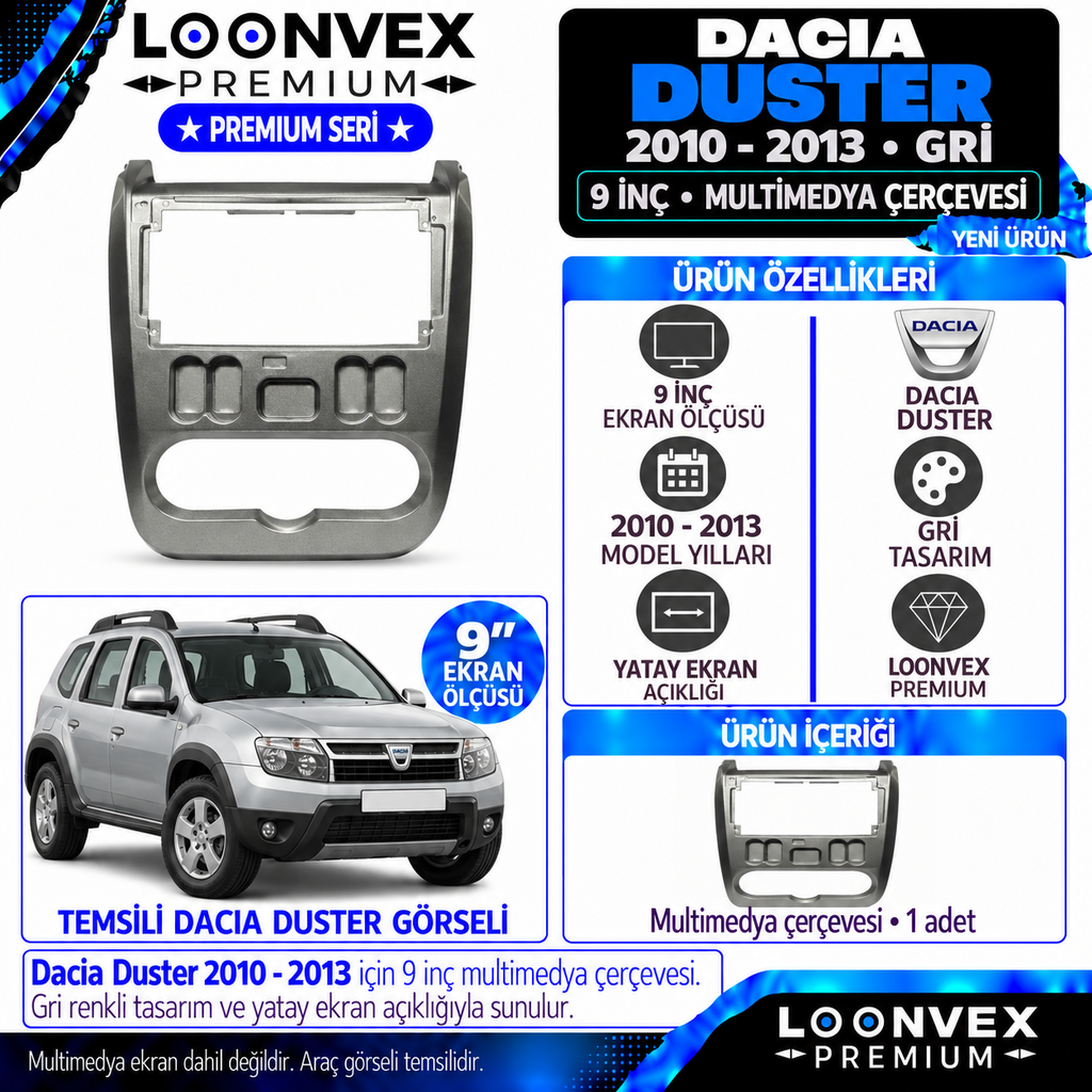 LOONVEX Premium DACİA DUSTER (2010/2013) 9"İNÇ GRİ (Gri) Multimedya Çerçevesi
