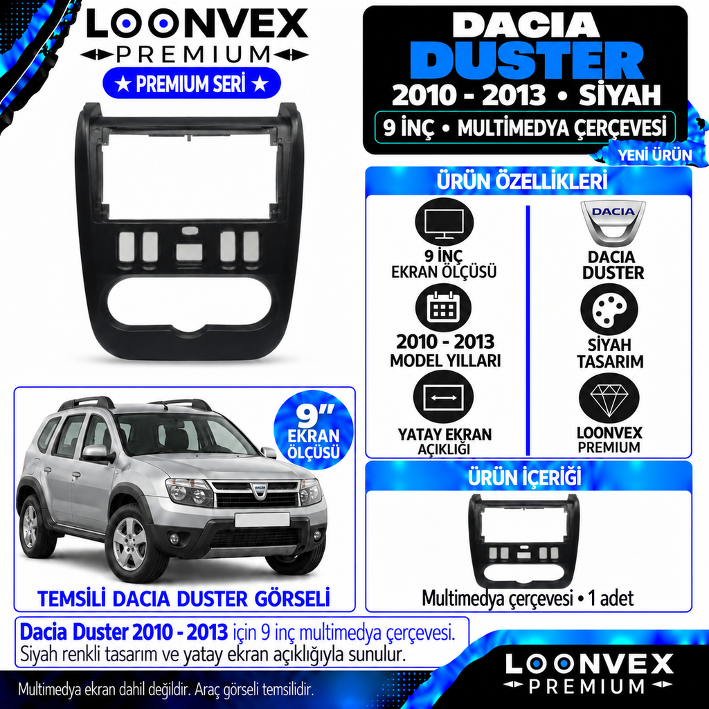 LOONVEX Premium DACİA DUSTER (2010/2013) 9"İNÇ SİYAH (Siyah) Multimedya Çerçevesi
