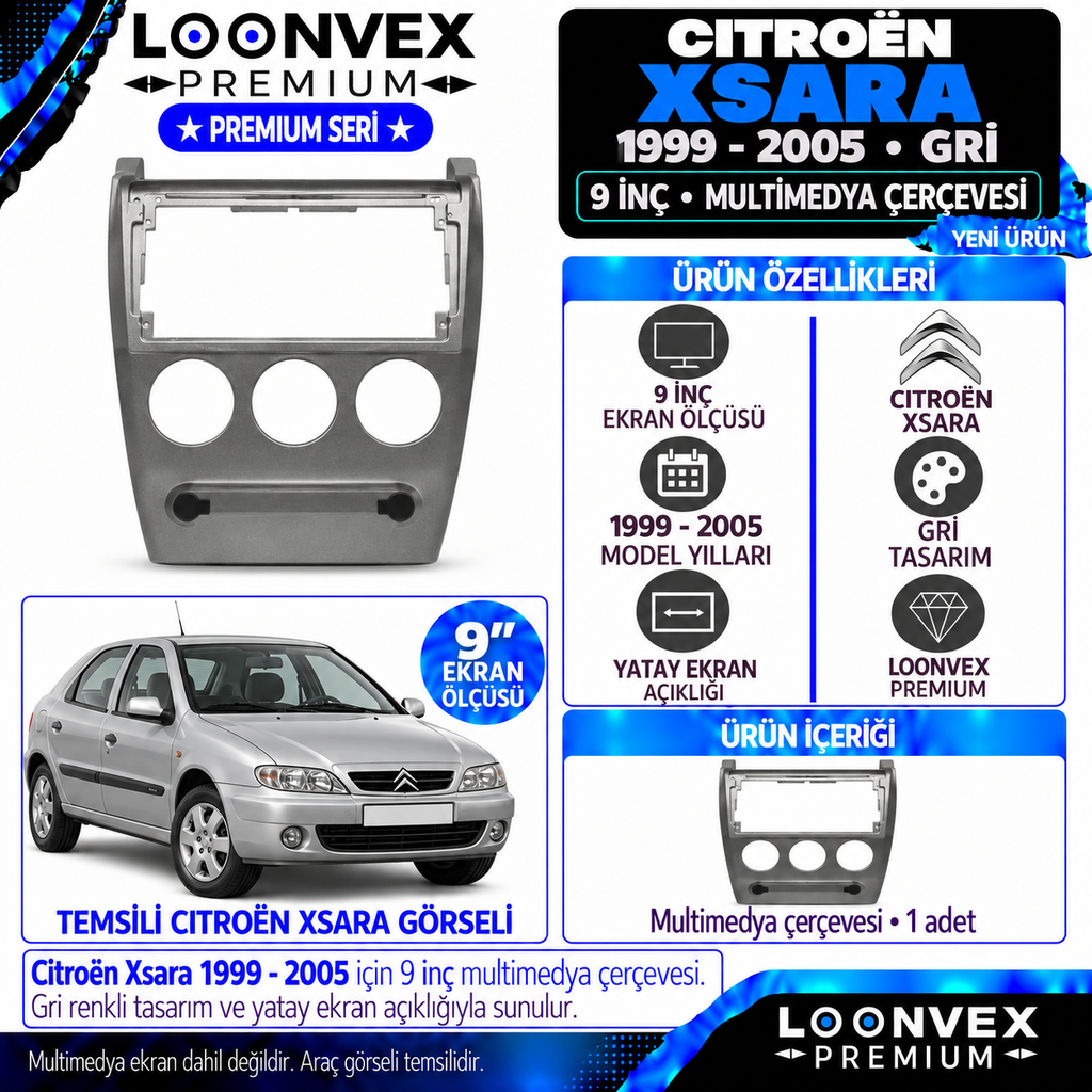 LOONVEX Premium CİTROEN XSARA 9"GRİ 1999/2005 (Gri) Multimedya Çerçevesi
