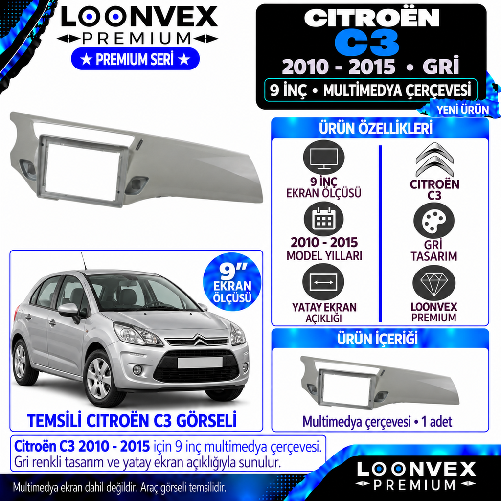 LOONVEX Premium CİTROEN C3 9" 2010-2015 (Beyaz) Multimedya Çerçevesi