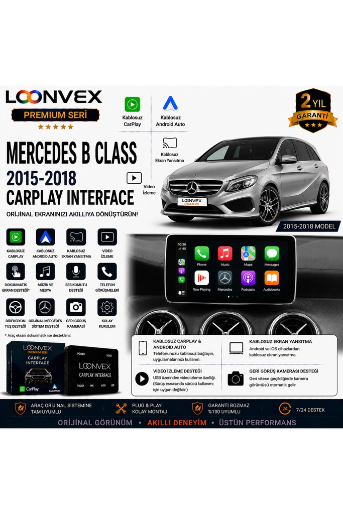 [LNV-CPI-0053] Premium Mercedes B Class 2015-2018 CarPlay Interface – Kablosuz CarPlay & Android Auto