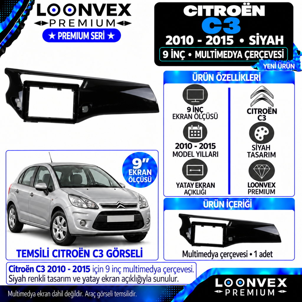 LOONVEX Premium CİTROEN C3 9" 2010-2015 (Siyah) Multimedya Çerçevesi