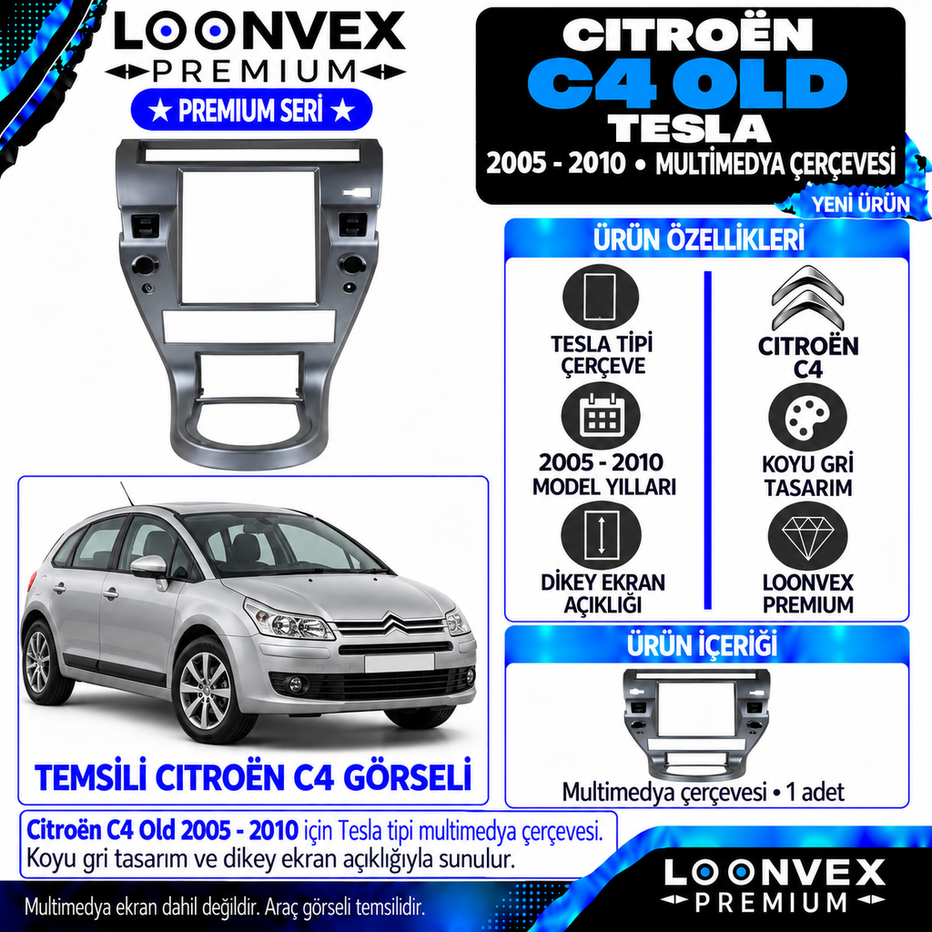 LOONVEX Premium CİTROEN C4 OLD 2005-2010 TESLA (Gri) Multimedya Çerçevesi
