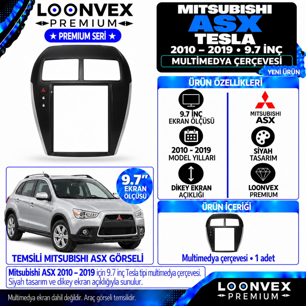 LOONVEX Premium MİTSUBİSHİ ASX TESLA 2010/2019 9.7 İNÇ Multimedya Çerçevesi