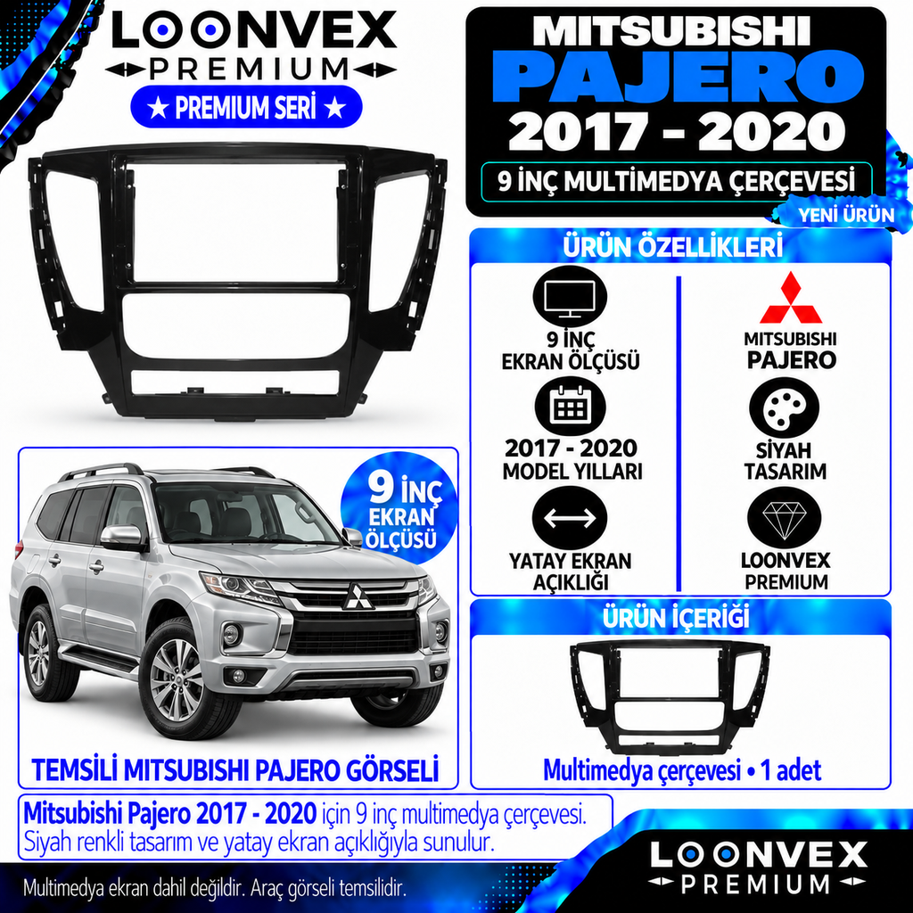 LOONVEX Premium MİTSUBİSHİ PAJERO 9"İNÇ 2017-2020 Multimedya Çerçevesi