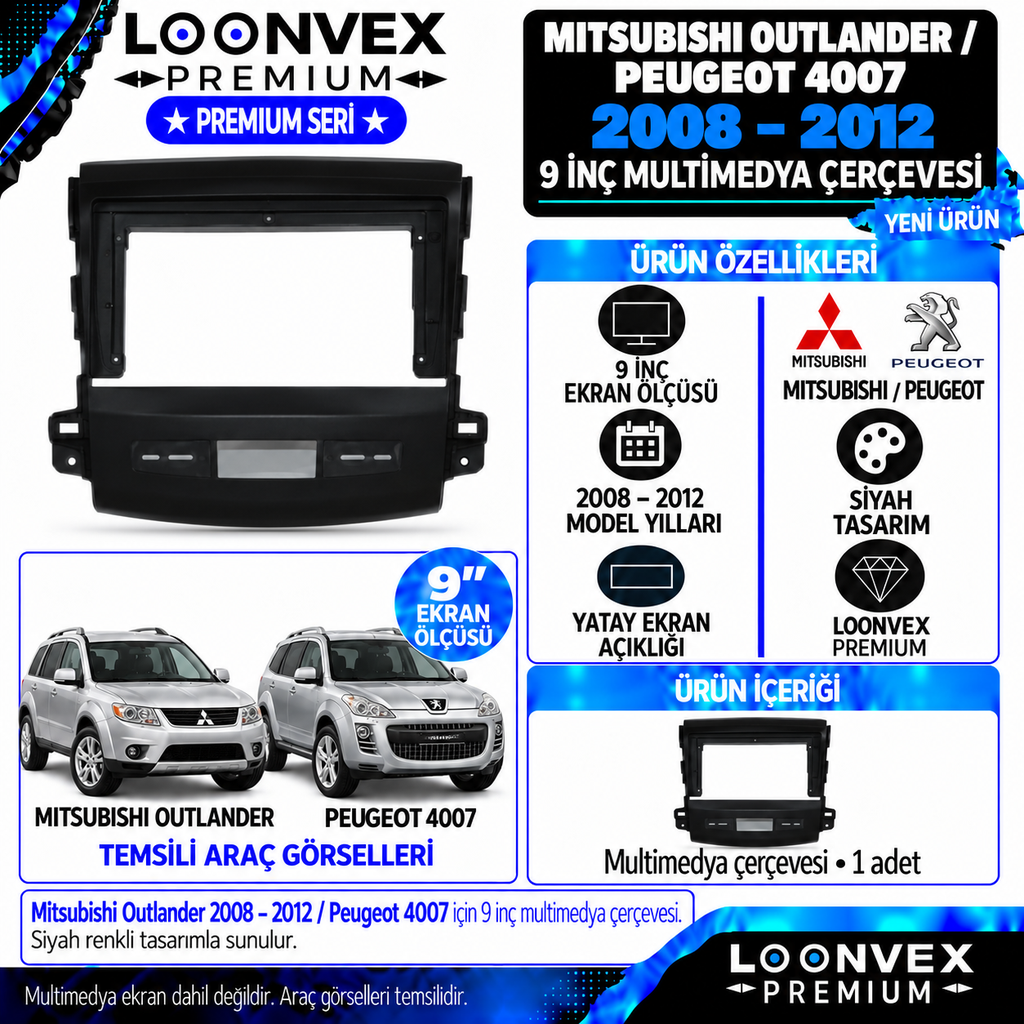 LOONVEX Premium MİTSUBİSHİ OUTLANDER 2008-2012/ PEUGEOT 4007 9 İNC Multimedya Çerçevesi