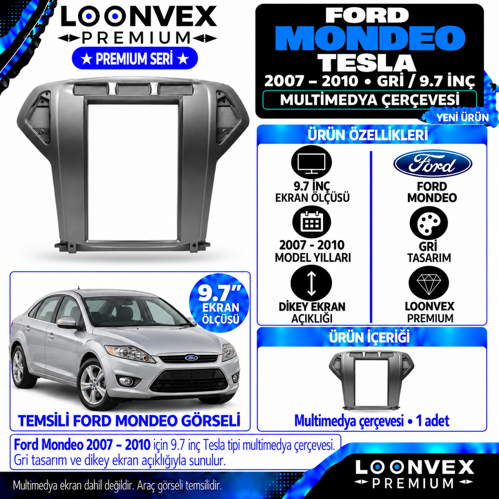 LOONVEX Premium FORD MONDEO TESLA 9.7'' 2007/2010 MODEL-GRİ (Gri) Multimedya Çerçevesi