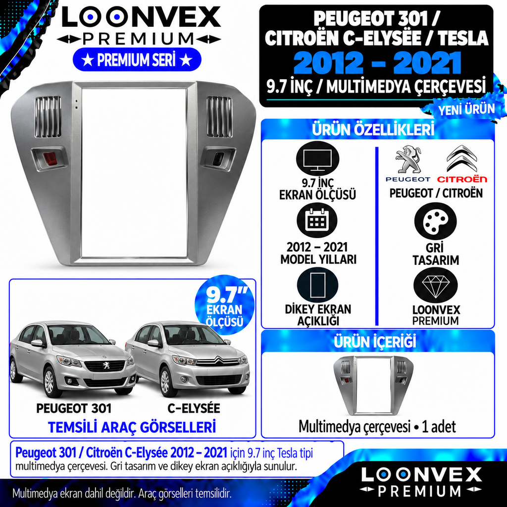 LOONVEX Premium PEUGEOT 301/C ELYSEE 9.7"GRİ RENK TESLA 2012/2021 (Gri) Multimedya Çerçevesi