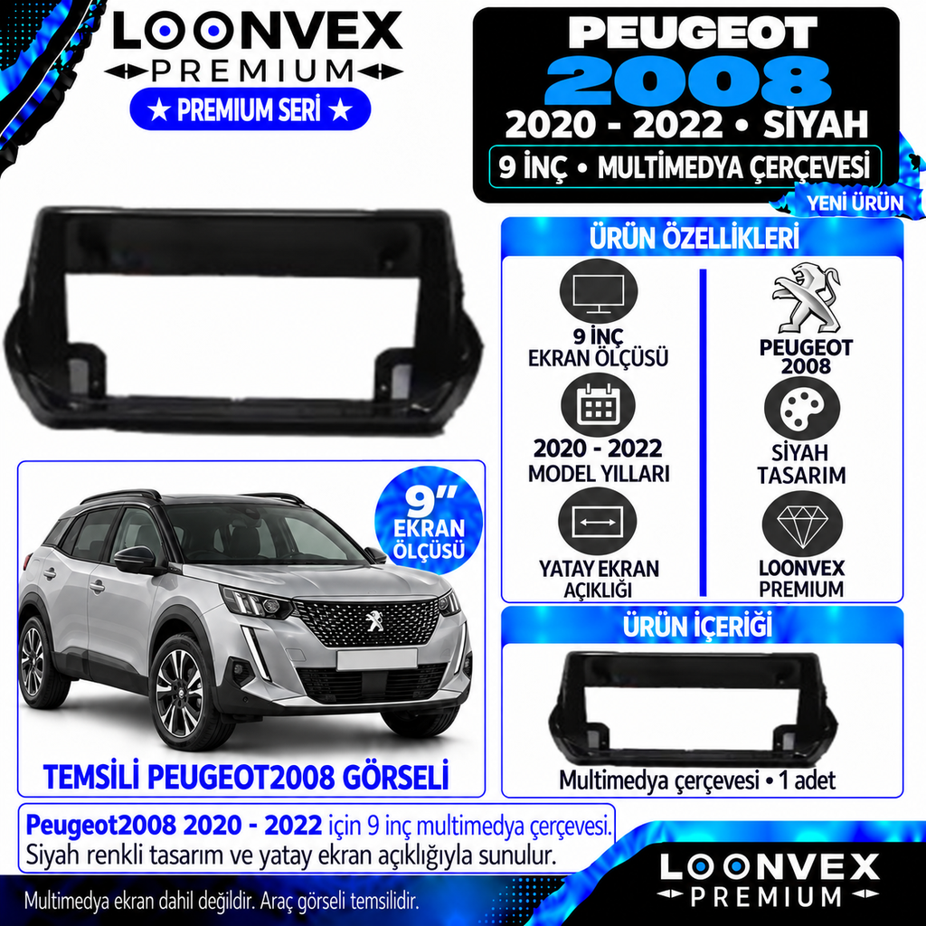 LOONVEX Premium PEUGEOT 2008 9'' İNÇ 2020/2022 MODEL Multimedya Çerçevesi