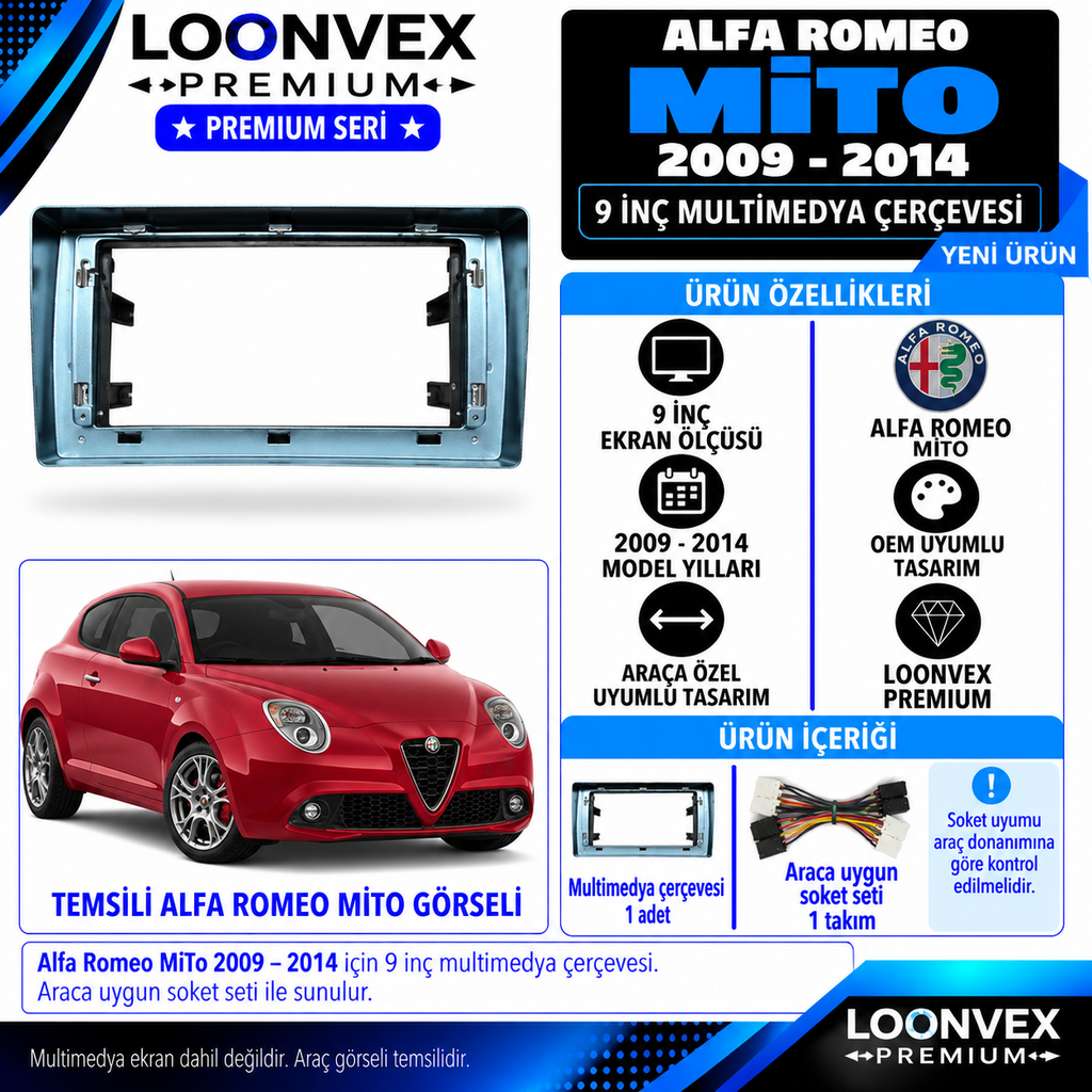 LOONVEX Premium ALFA ROMEO MİTO 9''İNÇ 2009/2014 Multimedya Çerçevesi