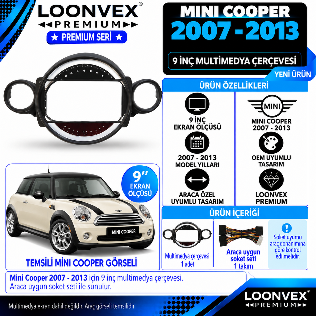 LOONVEX Premium MİNİ COOPER 9 İNCH 2007-2013 Multimedya Çerçevesi