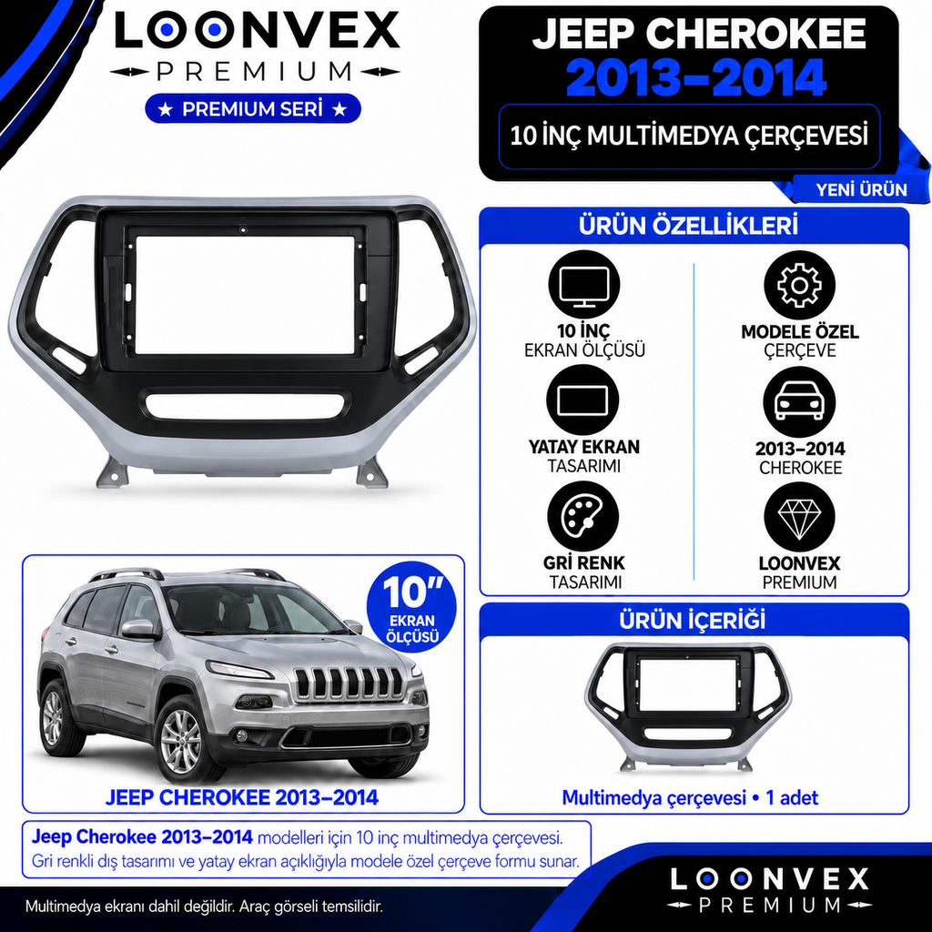 LOONVEX Premium JEEP CHEEROKEE 2013 /2014 10''İNÇ (Gri) Multimedya Çerçevesi