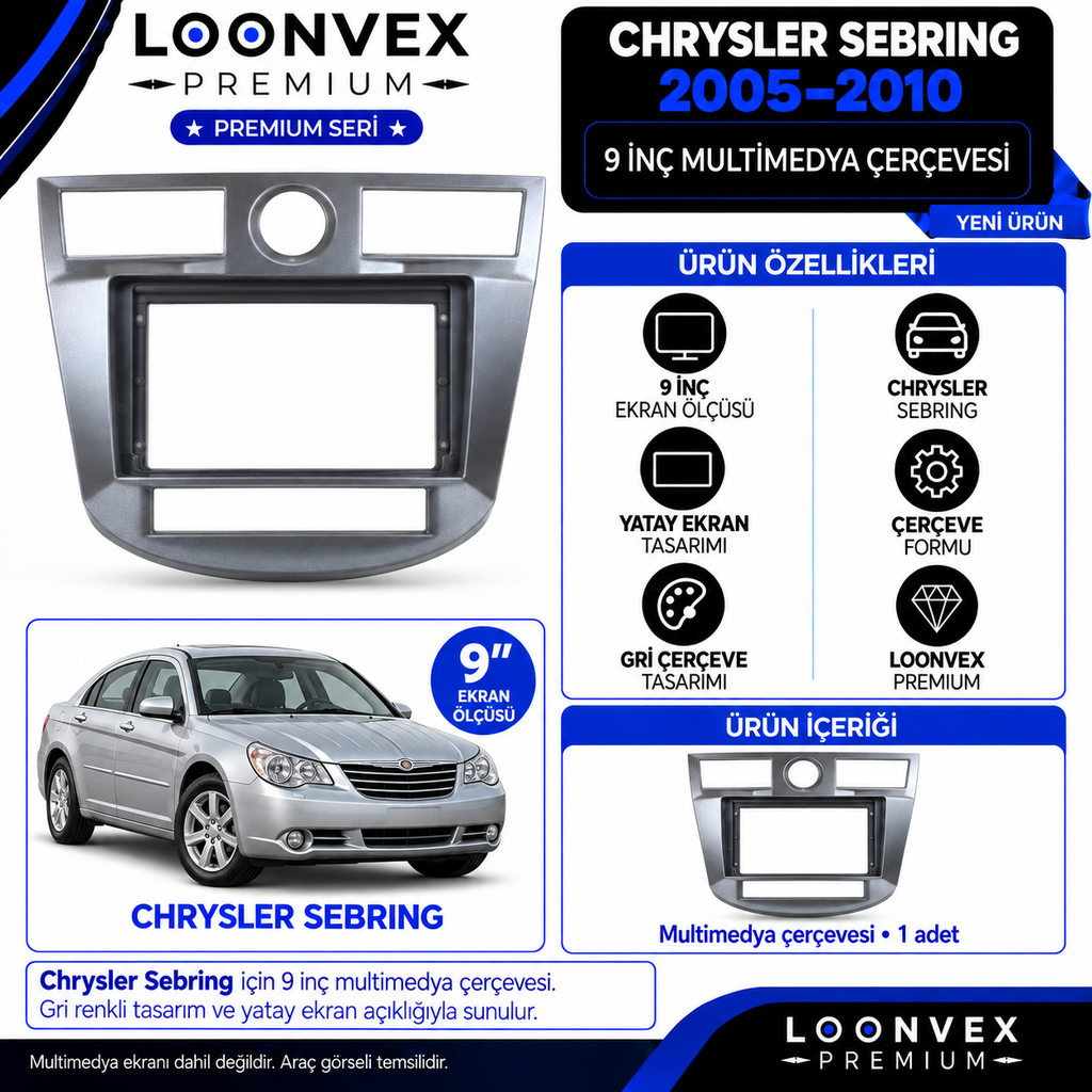 LOONVEX Premium JEEP CHRYSLER SEBRİNG 2005/2010 9''İNÇ Multimedya Çerçevesi
