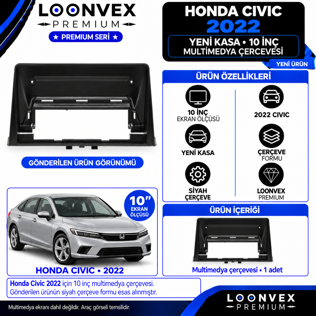 LOONVEX Premium HONDA CİVİC 2022 - 10'' İNÇ EN YENİ CİVİC Multimedya Çerçevesi