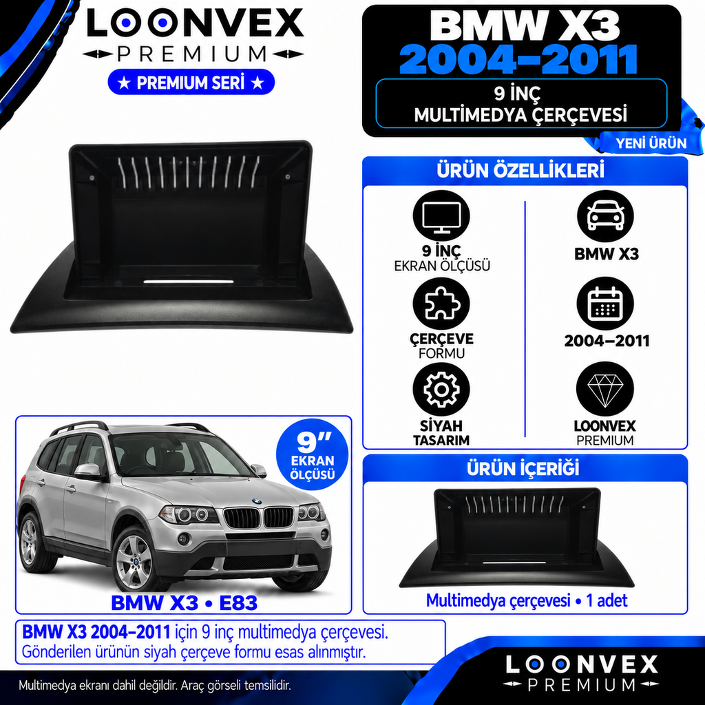 LOONVEX Premium BMW X3/X 3 9''İNÇ 2004/2011 Multimedya Çerçevesi
