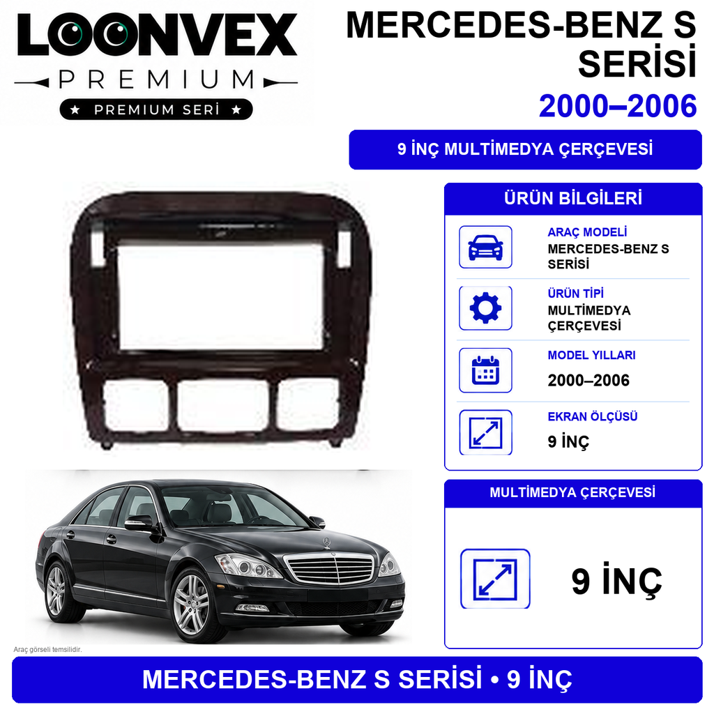 LOONVEX Premium MERCEDES S CLASS SCLASS SERİSİ 9''2000/2006 Multimedya Çerçevesi