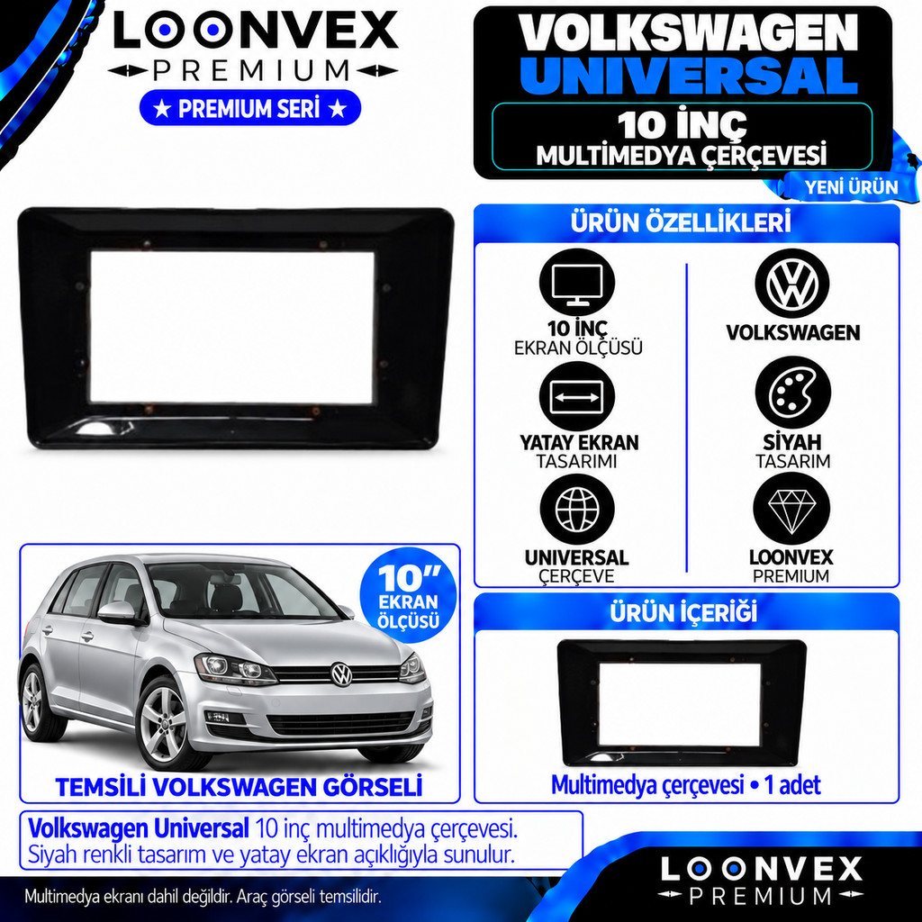[LNV-CER-0424] LOONVEX Premium VOLKSWAGEN UNIVERSAL 10''İNÇ Multimedya Çerçevesi