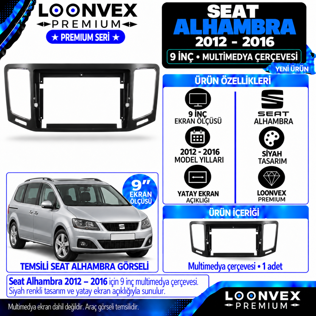 [LNV-CER-0435] LOONVEX Premium SEAT ALHAMBRA 2012-2016 9 İNCH Multimedya Çerçevesi