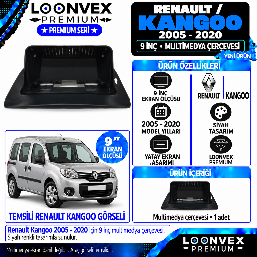 LOONVEX Premium RENAULT KANGOO 9''İNÇ 2005 /2020 Multimedya Çerçevesi