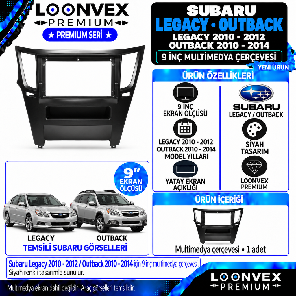 LOONVEX Premium SUBARU LEGACY 2010-2012-OUTBACK 2010-2014 9 İNÇ Multimedya Çerçevesi