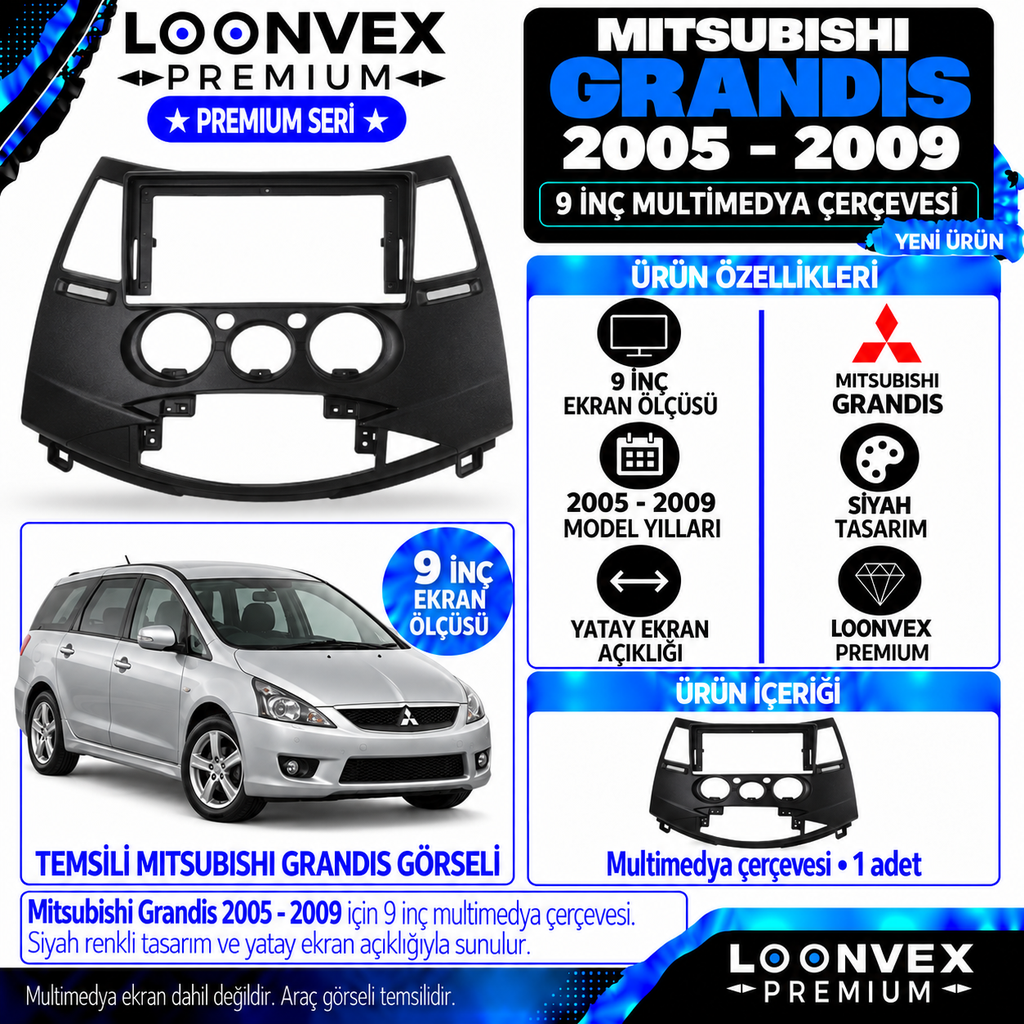 [LNV-CER-0485] LOONVEX Premium MİTSUBİSHİ GRANDİS 9 İNCH 2005-2009 Multimedya Çerçevesi