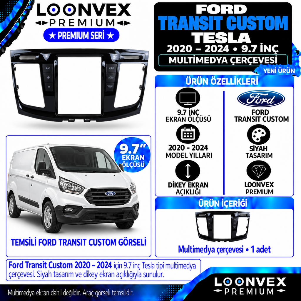LOONVEX Premium FORD TRANSİT CUSTOM TESLA 9.7 2020/2024 Multimedya Çerçevesi