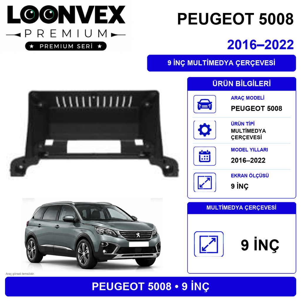 [LNV-CER-0510] LOONVEX Premium PEUGEOT 3008/5008 NEW 9''İNÇ 2016/2022 Multimedya Çerçevesi