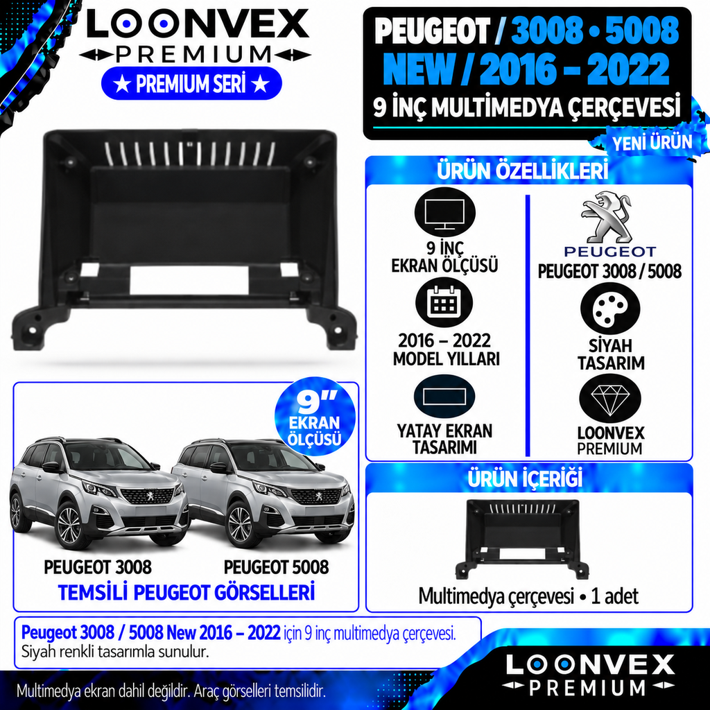 LOONVEX Premium PEUGEOT 3008/5008 NEW 9''İNÇ 2016/2022 Multimedya Çerçevesi
