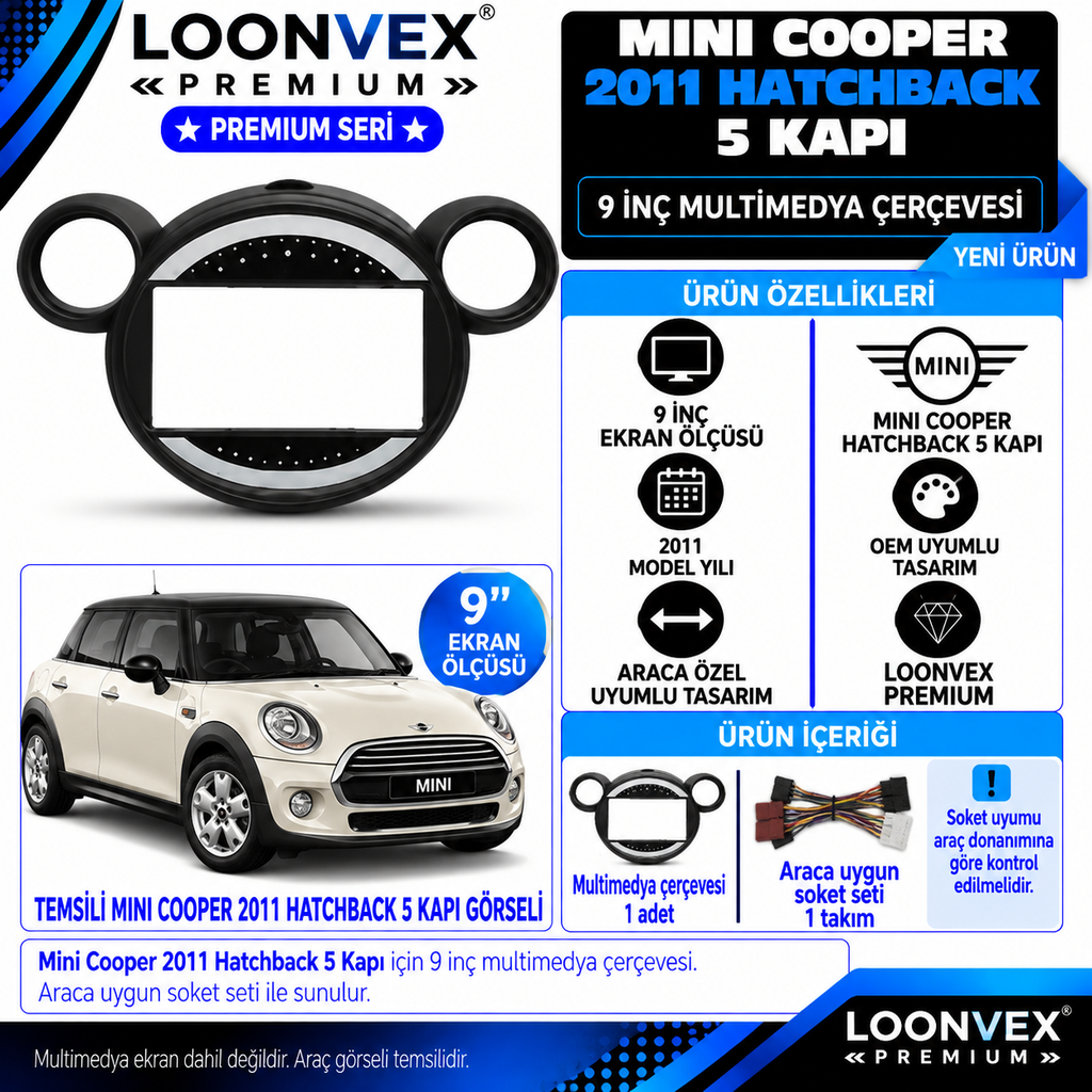 LOONVEX Premium MİNİ COOPER 9''İNÇ 2011 HATCHBACK 5 KAPI Multimedya Çerçevesi