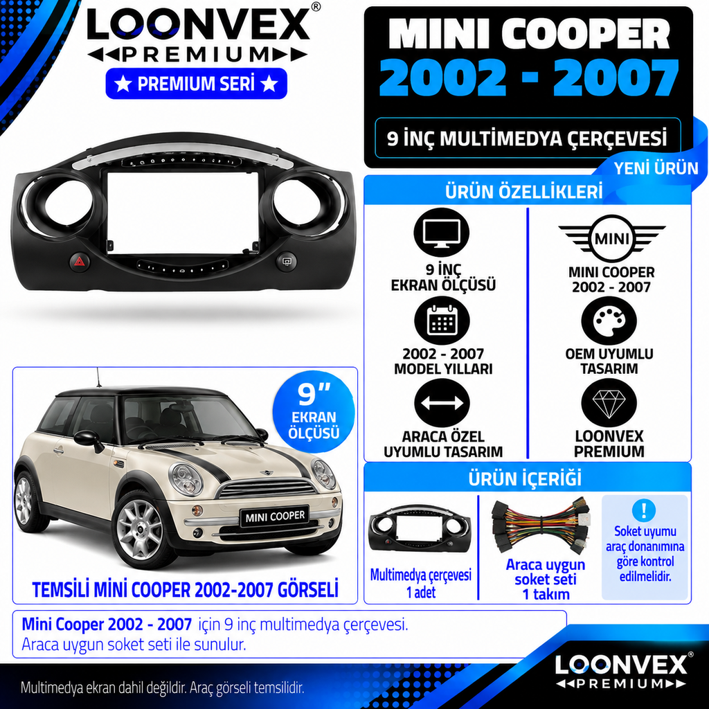 LOONVEX Premium MİNİ COOPER 9 İNCH 2002-2007 Multimedya Çerçevesi