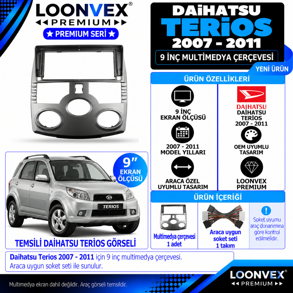 [LNV-CER-0544] LOONVEX Premium DAİHATSU TERİOS 2007-2011 9 İNCH Multimedya Çerçevesi