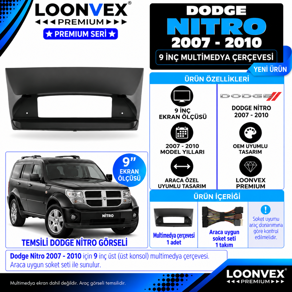LOONVEX Premium DODGE NİTRO ÜSTE TAKILAN 2007-2010 9 İNCH Multimedya Çerçevesi