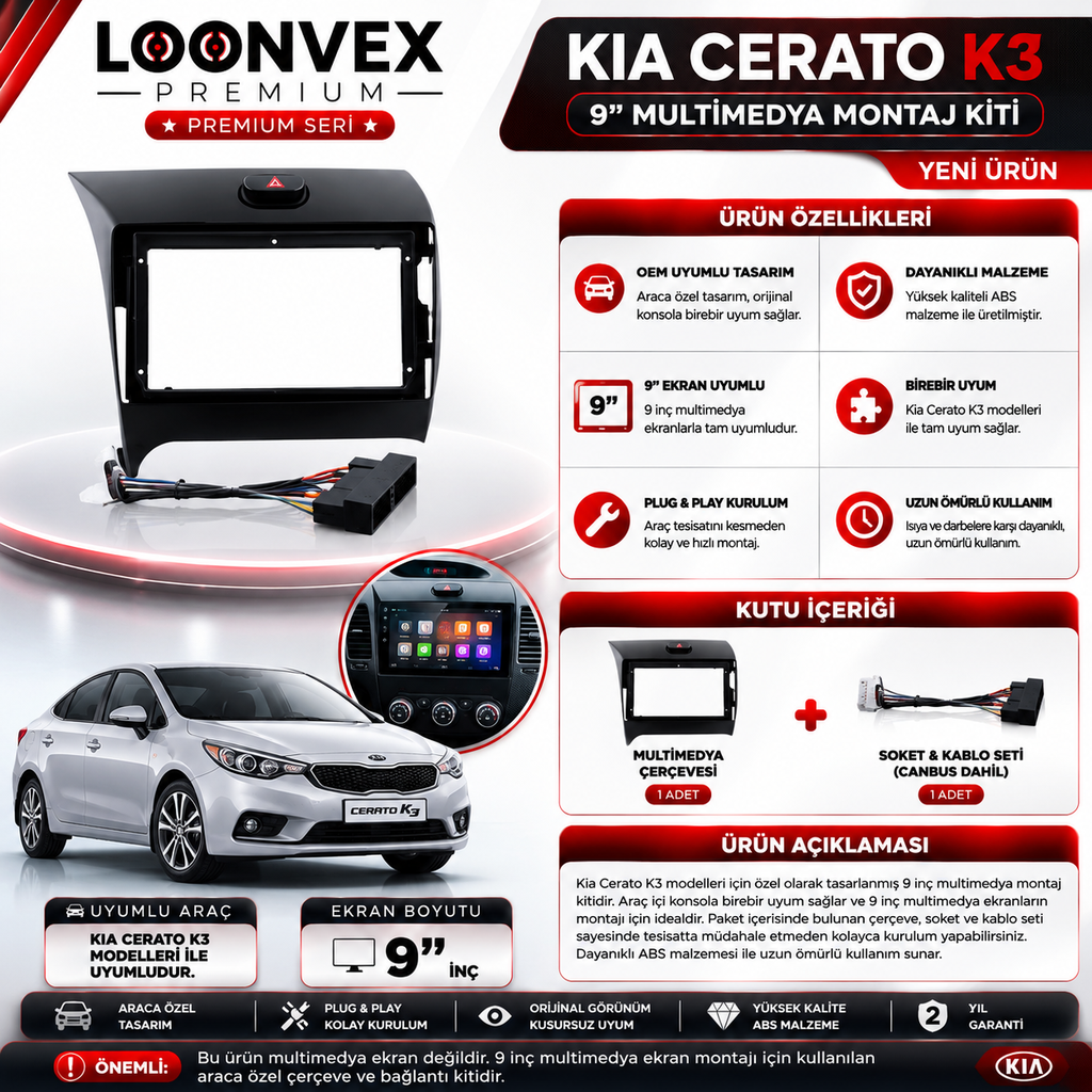 [LNV-CER-0163] Loonvex Premium Kia Cerato K3 2013-2018 9 İnç Multimedya Çerçevesi