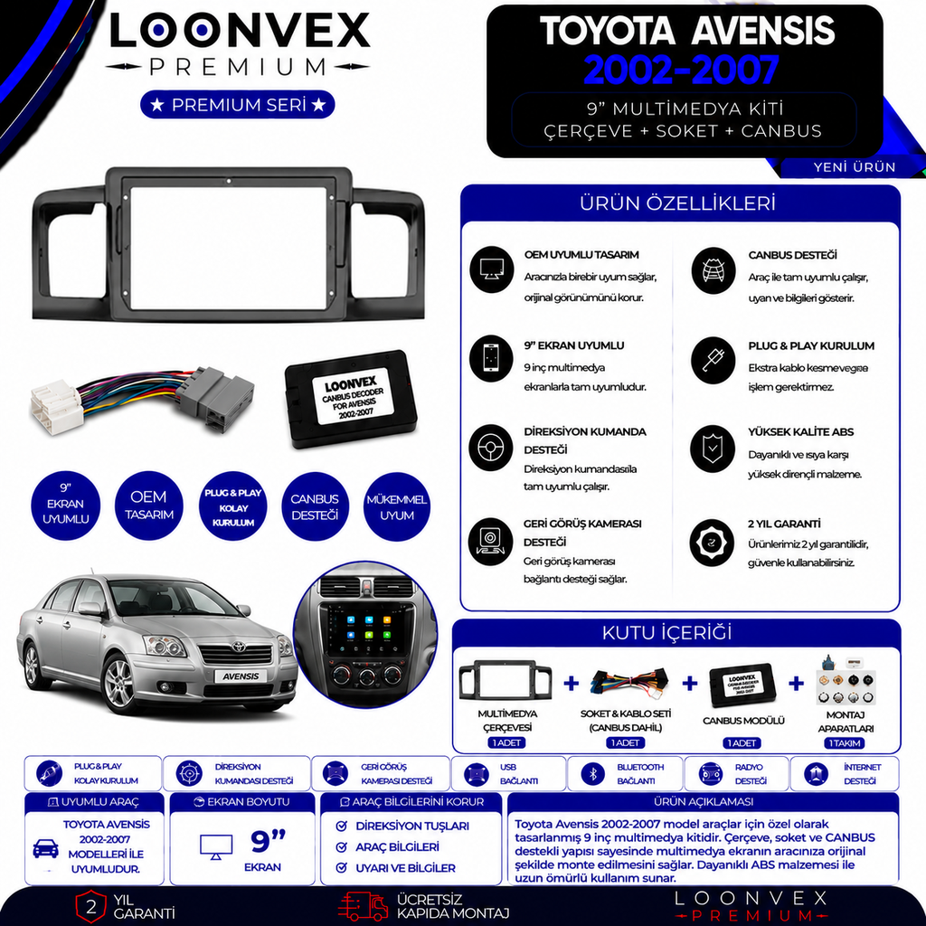 LOONVEX Premium Toyota Avensis 2002-2007 9 İnç Multimedya Çerçeve + Soket + CANBUS Montaj Kiti
