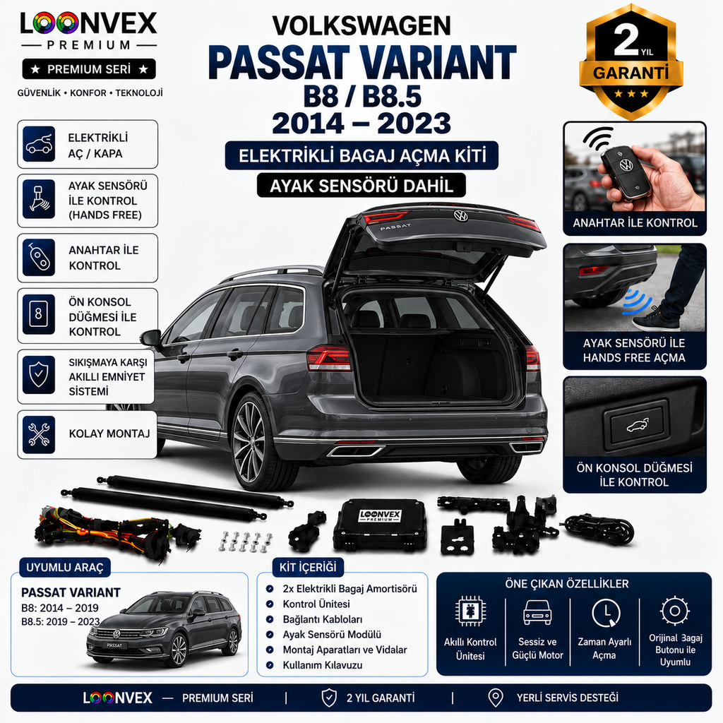 Volkswagen Passat Variant B8 / B8.5 2014-2023 Uyumlu Elektrikli Bagaj Açma Kiti Ayak Sensörlü 2 Yıl Garantili