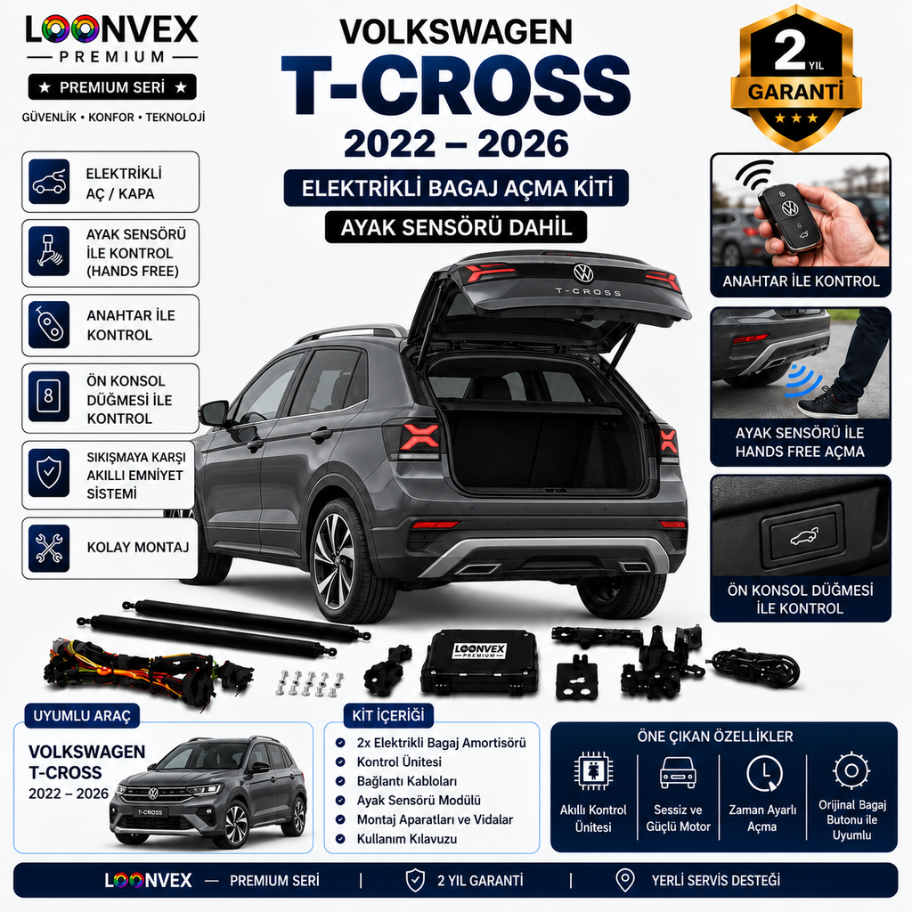 Volkswagen T-Cross 2022-2026 Uyumlu Elektrikli Bagaj Açma Kiti Ayak Sensörlü 2 Yıl Garantili