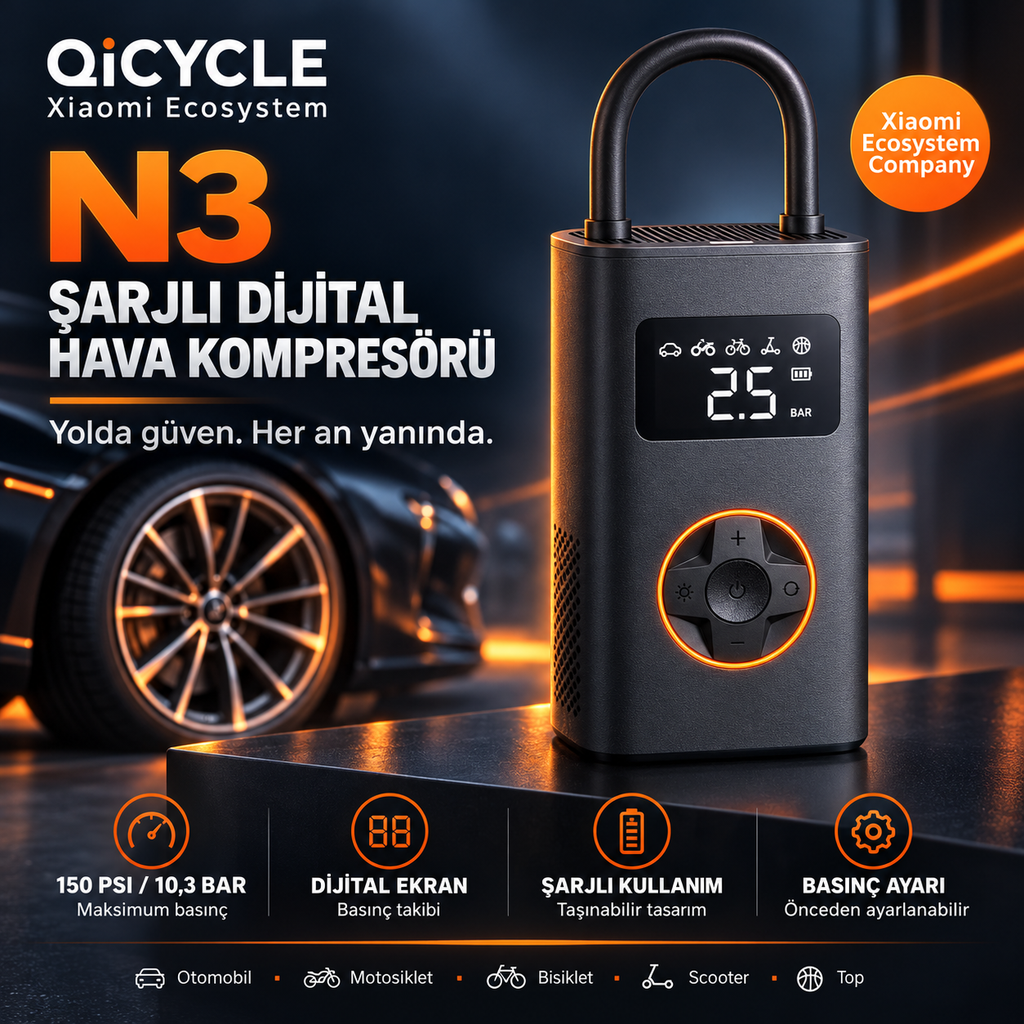 [LNV-KMP-N3] Xiaomi Ecosystem QiCYCLE N3 Şarjlı Dijital Hava Kompresörü
