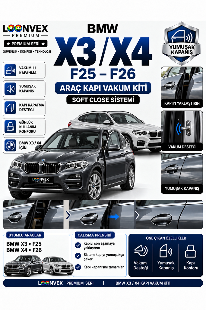 [LNV-VK-0011] LOONVEX BMW X3 / X4 Serisi (F25–F26) Araç Kapı Vakum Kiti – Soft Close