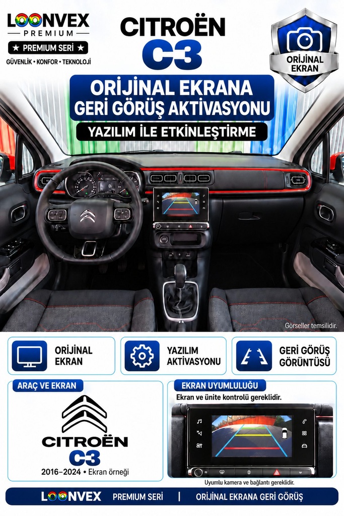 [LNV-OGK-0003] LOONVEX Citroën C3 Orijinal Ekrana Geri Görüş Aktivasyonu