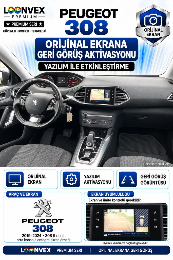 [LNV-OGK-0013] LOONVEX Peugeot 308 Orijinal Ekrana Geri Görüş Aktivasyonu