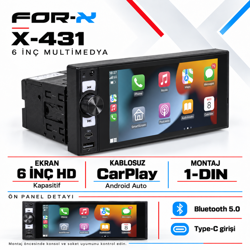 [LNV-FX-X-431] For-X X-431 6 İnç Kablosuz CarPlay ve Android Auto Multimedya