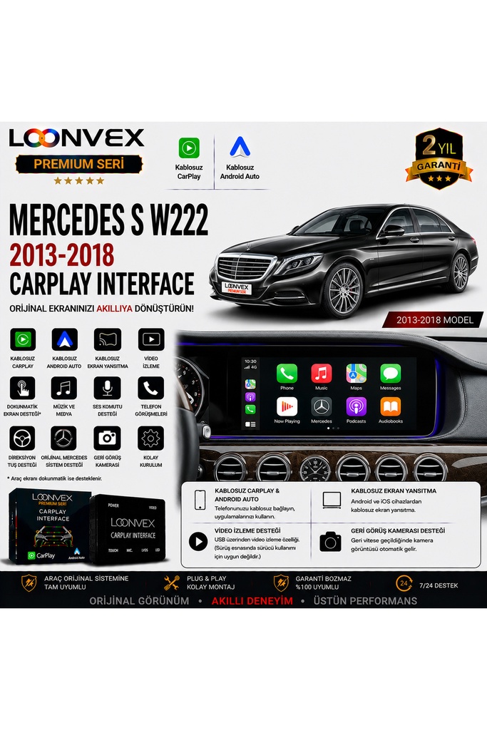 [LNV-CPI-0063] Premium Mercedes S Serisi W222 2013-2018 CarPlay Interface – Kablosuz CarPlay & Android Auto