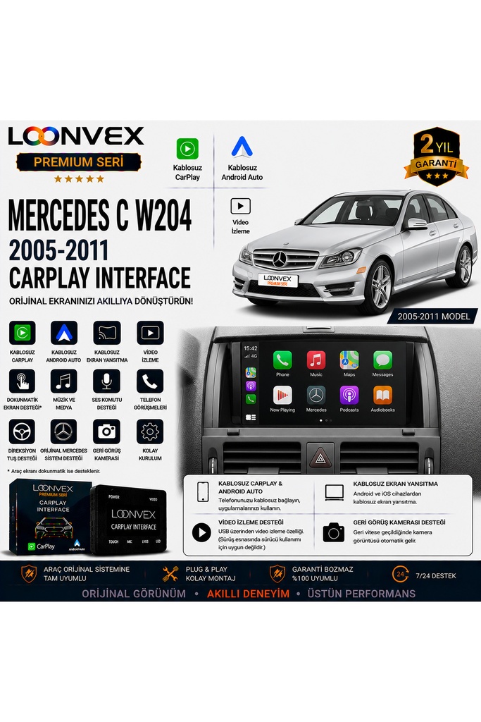 [LNV-CPI-0054] Premium Mercedes C Serisi W204 2005-2011 CarPlay Interface – Kablosuz CarPlay & Android Auto