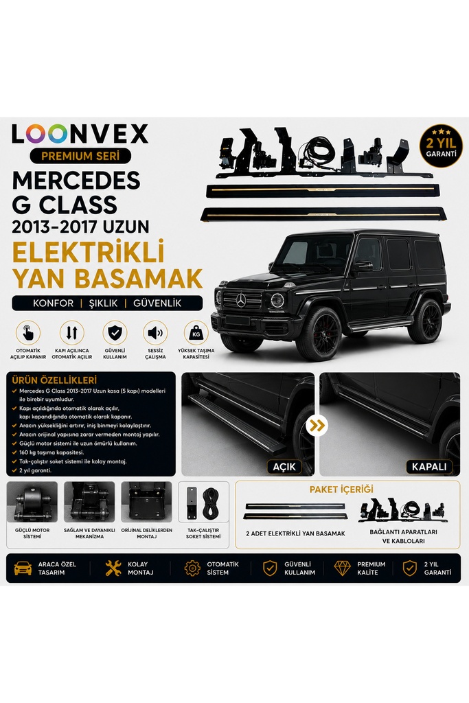 [LNV-YB-0008] Premium Mercedes G Class 2013-2017 Uzun Kasa Elektrikli Yan Basamak Otomatik Açılır Kapanır