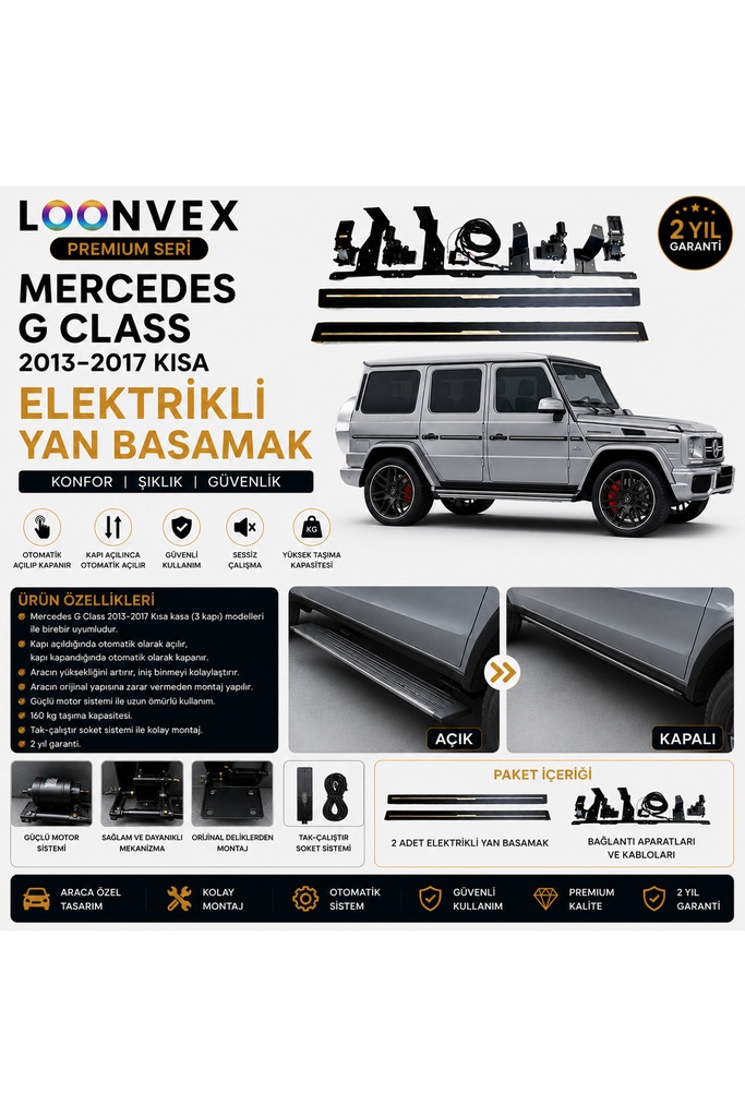 [LNV-YB-0007] Premium Mercedes G Class 2013-2017 Kısa Kasa Elektrikli Yan Basamak Otomatik Açılır Kapanır