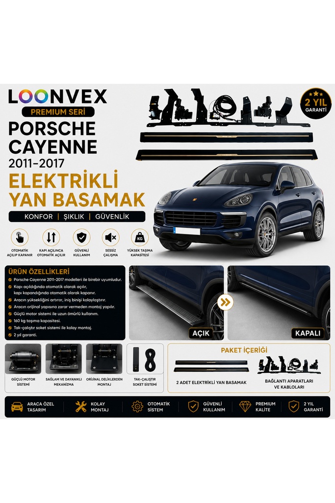 [LNV-YB-0010] Premium Porsche Cayenne 2011-2017 Elektrikli Yan Basamak Otomatik Açılır Kapanır
