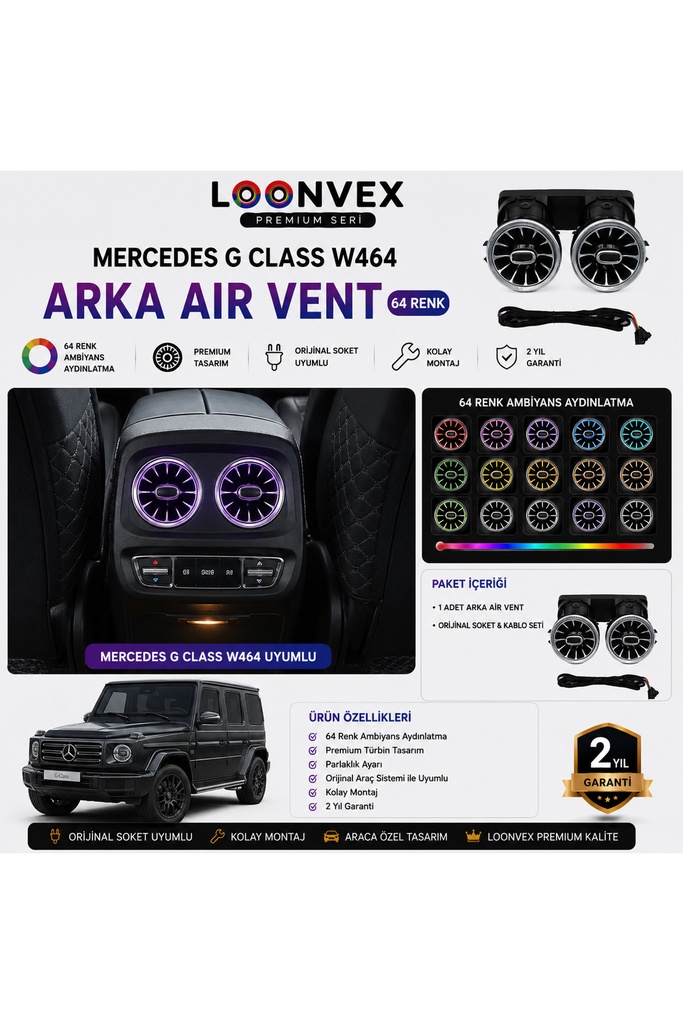 [LNV-AV-018] Premium Mercedes G Class W464 Arka Air Vent 64 Renk Ambiyans Aydınlatmalı Set