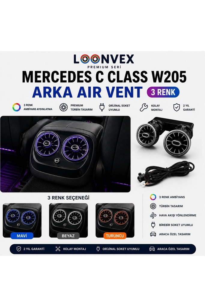 [LNV-AV-006] Premium Mercedes C Class W205 Arka Air Vent 3 Renk Ambiyans Aydınlatmalı Havalandırma