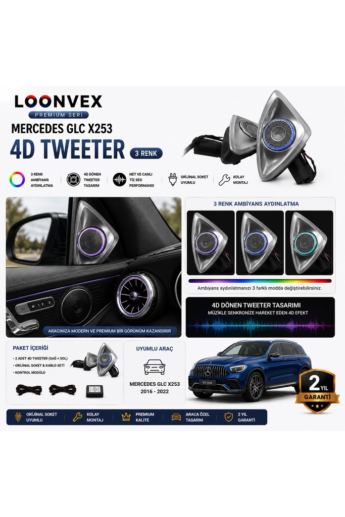 Premium Mercedes GLC X253 4D Tweeter 3 Renk Ambiyans Aydınlatmalı Set