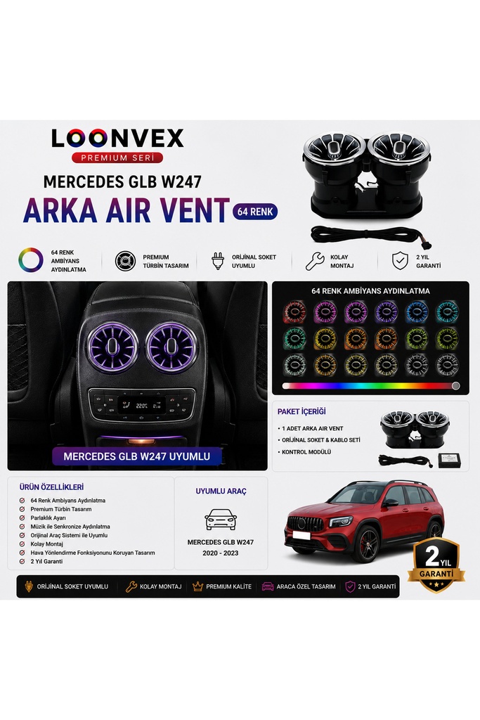 [LNV-AV-021] Premium Mercedes GLB W247 Arka Air Vent 64 Renk Ambiyans Aydınlatmalı Set